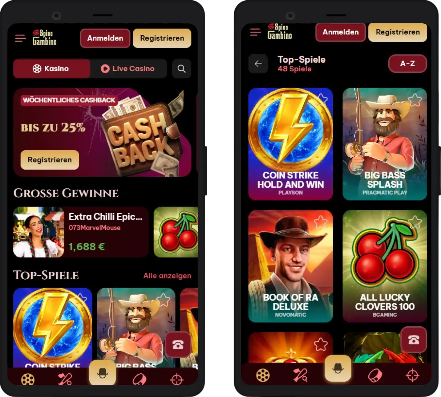 Mobile Version von Spinogambino Casino auf dem Smartphone